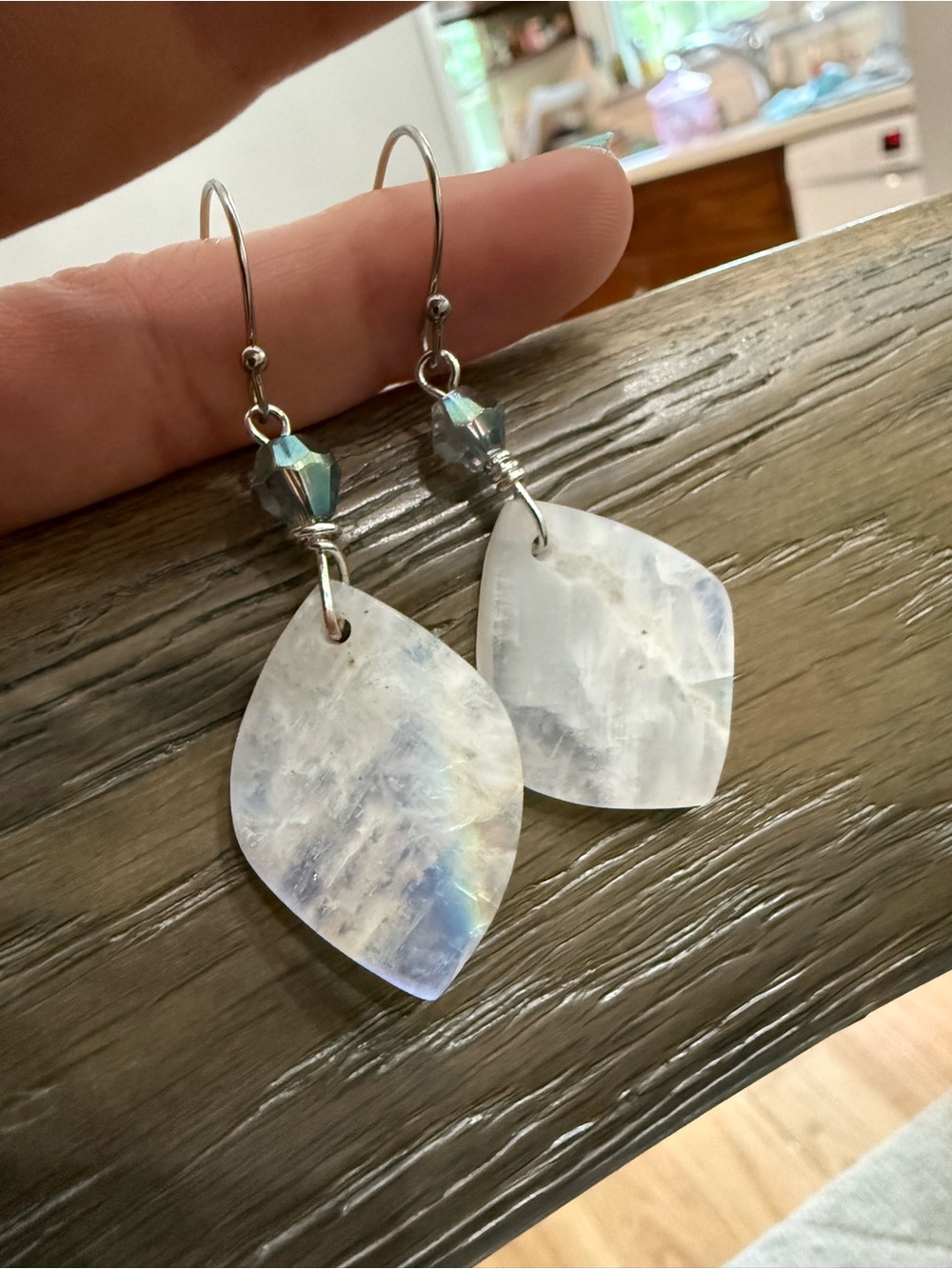 Moonstone Teardrop Dangle Earrings - Iridescent White - Picture 3 of 4